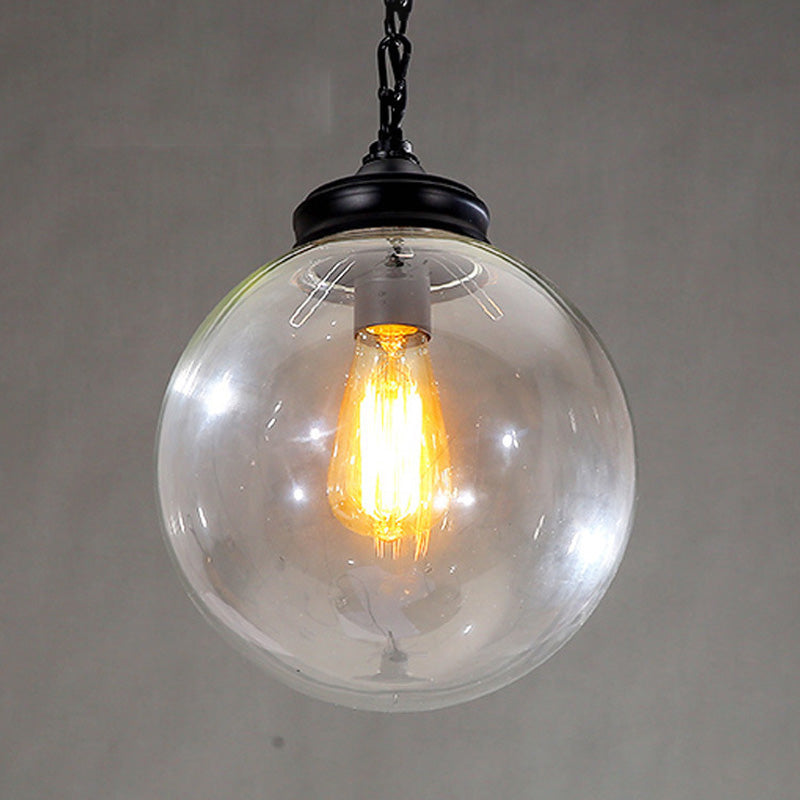 Black Globe Pendant Ceiling Light Farmhouse Clear Glass Single-Bulb Dining Room Hanging Lamp with Chain, 8"/10"/12" Wide Clearhalo 'Ceiling Lights' 'Glass shade' 'Glass' 'Industrial Pendants' 'Industrial' 'Middle Century Pendants' 'Pendant Lights' 'Pendants' 'Tiffany' Lighting' 968893