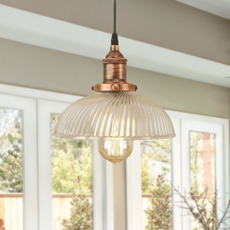 Black/Bronze/Rust Dome Pendant Ceiling Light Industrial Ribbed Glass 1 Light Dining Room Hanging Lamp Clearhalo 'Ceiling Lights' 'Glass shade' 'Glass' 'Industrial Pendants' 'Industrial' 'Middle Century Pendants' 'Pendant Lights' 'Pendants' 'Tiffany' Lighting' 968896