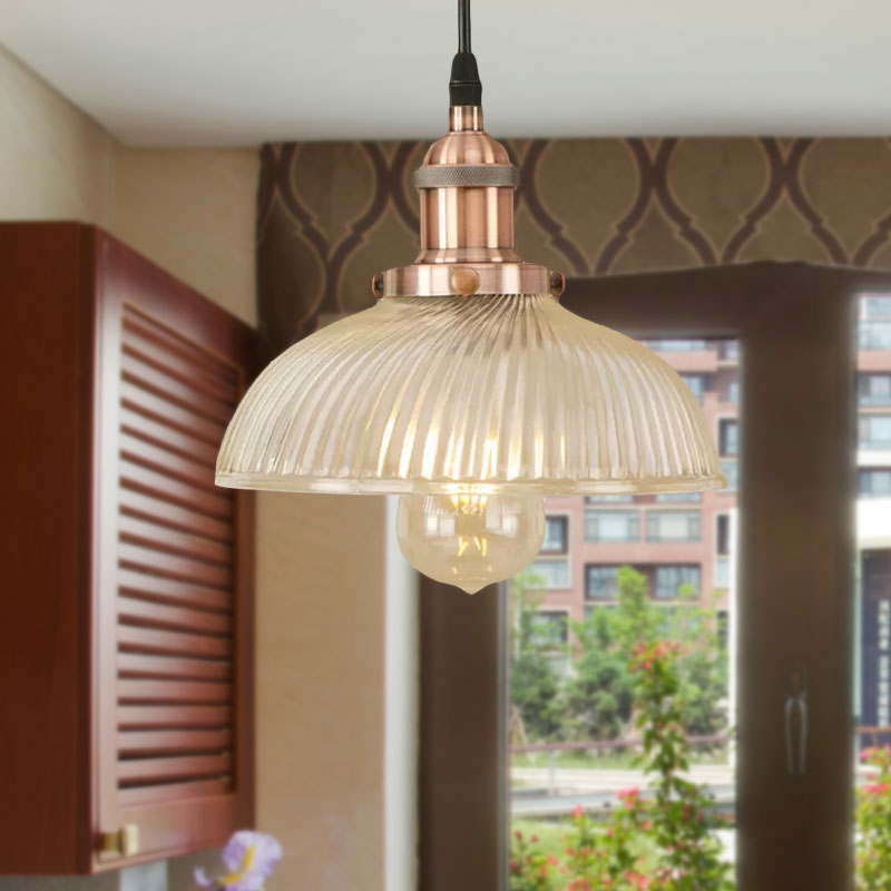 Black/Bronze/Rust Dome Pendant Ceiling Light Industrial Ribbed Glass 1 Light Dining Room Hanging Lamp Clearhalo 'Ceiling Lights' 'Glass shade' 'Glass' 'Industrial Pendants' 'Industrial' 'Middle Century Pendants' 'Pendant Lights' 'Pendants' 'Tiffany' Lighting' 968900