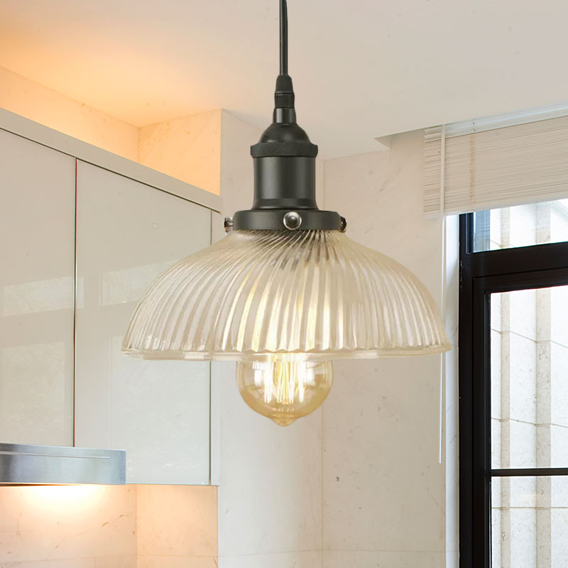 Black/Bronze/Rust Dome Pendant Ceiling Light Industrial Ribbed Glass 1 Light Dining Room Hanging Lamp Clearhalo 'Ceiling Lights' 'Glass shade' 'Glass' 'Industrial Pendants' 'Industrial' 'Middle Century Pendants' 'Pendant Lights' 'Pendants' 'Tiffany' Lighting' 968901