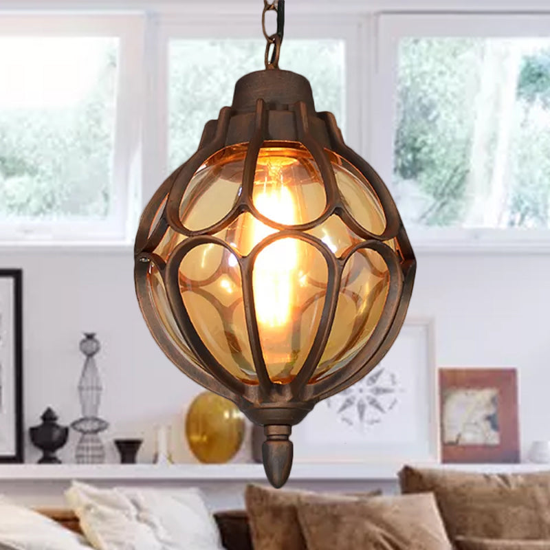 1 Light 7"/9"/11" Wide Orb Pendant Lamp Vintage Amber Glass Suspension Lamp in Black/Bronze/Gold Clearhalo 'Ceiling Lights' 'Glass shade' 'Glass' 'Industrial Pendants' 'Industrial' 'Middle Century Pendants' 'Pendant Lights' 'Pendants' 'Tiffany' Lighting' 968907