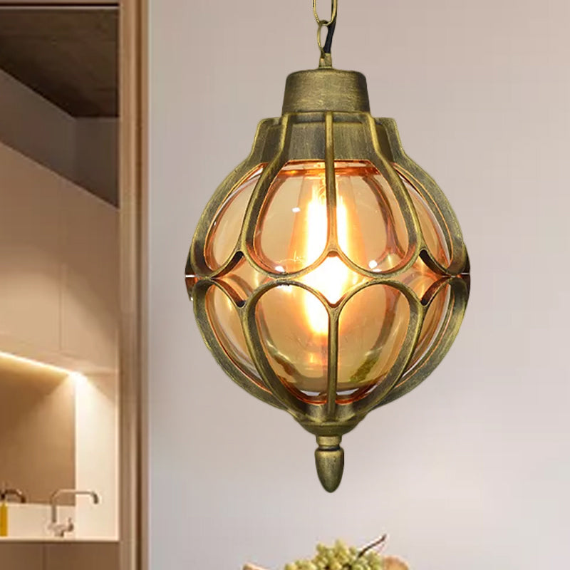 1 Light 7"/9"/11" Wide Orb Pendant Lamp Vintage Amber Glass Suspension Lamp in Black/Bronze/Gold Clearhalo 'Ceiling Lights' 'Glass shade' 'Glass' 'Industrial Pendants' 'Industrial' 'Middle Century Pendants' 'Pendant Lights' 'Pendants' 'Tiffany' Lighting' 968909