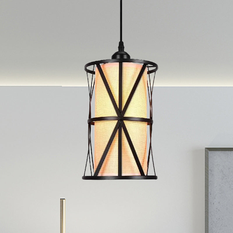 1 Light Clear Glass/Fabric Pendant Fixture Antique Black Cylinder Living Room Hanging Ceiling Light with Plug and Iron Frame Clearhalo 'Ceiling Lights' 'Glass shade' 'Glass' 'Industrial Pendants' 'Industrial' 'Middle Century Pendants' 'Pendant Lights' 'Pendants' 'Tiffany' Lighting' 968911
