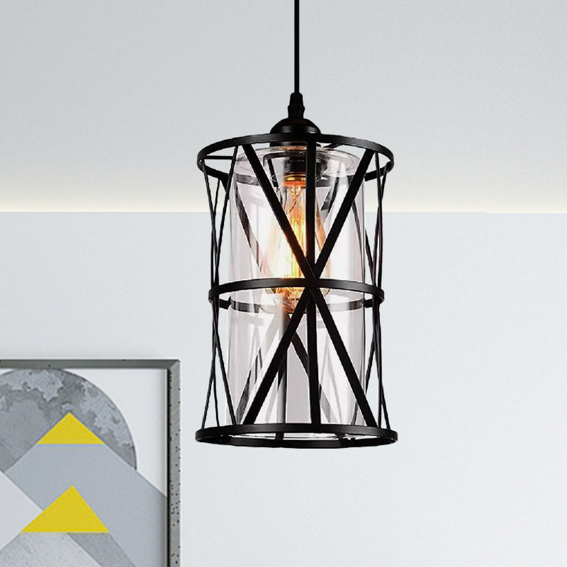 1 Light Clear Glass/Fabric Pendant Fixture Antique Black Cylinder Living Room Hanging Ceiling Light with Plug and Iron Frame Clearhalo 'Ceiling Lights' 'Glass shade' 'Glass' 'Industrial Pendants' 'Industrial' 'Middle Century Pendants' 'Pendant Lights' 'Pendants' 'Tiffany' Lighting' 968912