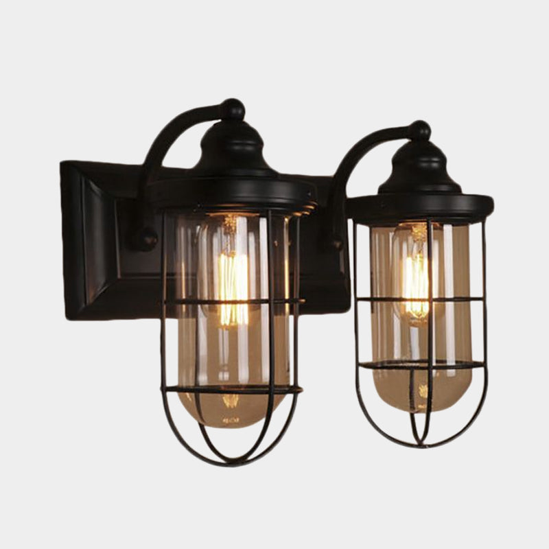 Industrial Wire Cage Wall Lighting Fixture 1/2-Bulb Clear Glass Sconce Light in Black for Stairway Clearhalo 'Cast Iron' 'Glass' 'Industrial wall lights' 'Industrial' 'Middle century wall lights' 'Modern' 'Tiffany' 'Traditional wall lights' 'Wall Lamps & Sconces' 'Wall Lights' Lighting' 968919