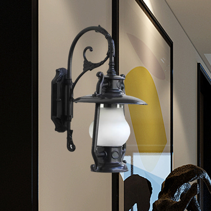Lantern Frosted Glass Wall Mounted Lamp Coastal Single Bulb Outdoor Sconce Light in Black/Aged Brass Clearhalo 'Art deco wall lights' 'Cast Iron' 'Glass' 'Industrial wall lights' 'Industrial' 'Middle century wall lights' 'Modern' 'Rustic wall lights' 'Tiffany' 'Traditional wall lights' 'Wall Lamps & Sconces' 'Wall Lights' Lighting' 968926