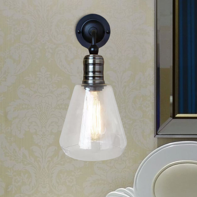 Rustic Style Tapered Shade Wall Lighting Fixture Single Bulb Clear Glass Sconce Light in Black for Kitchen Clearhalo 'Cast Iron' 'Glass' 'Industrial wall lights' 'Industrial' 'Middle century wall lights' 'Modern' 'Tiffany' 'Traditional wall lights' 'Wall Lamps & Sconces' 'Wall Lights' Lighting' 968956