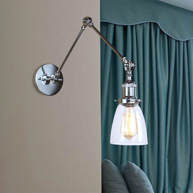 Tapered Beside Sconce Light Fixture Antique Clear Glass 1 Light Black/Silver/Brass Wall Lamp with Swing Arm Clearhalo 'Cast Iron' 'Glass' 'Industrial wall lights' 'Industrial' 'Middle century wall lights' 'Modern' 'Tiffany' 'Traditional wall lights' 'Wall Lamps & Sconces' 'Wall Lights' Lighting' 968964