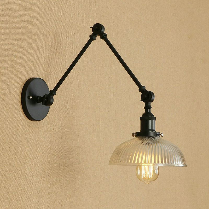 1 Light Ribbed Glass Wall Sconce Light Industrial Antique Brass/Black/Rust Dome Living Room Lighting Fixture with Swing Arm Clearhalo 'Cast Iron' 'Glass' 'Industrial wall lights' 'Industrial' 'Middle century wall lights' 'Modern' 'Tiffany' 'Traditional wall lights' 'Wall Lamps & Sconces' 'Wall Lights' Lighting' 968972