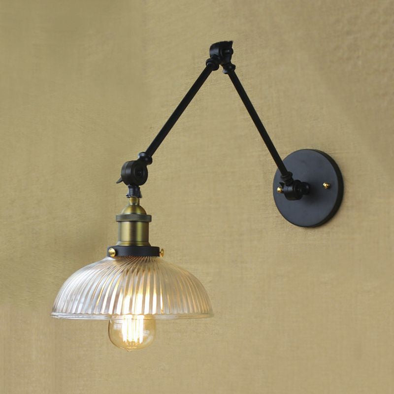 1 Light Ribbed Glass Wall Sconce Light Industrial Antique Brass/Black/Rust Dome Living Room Lighting Fixture with Swing Arm Clearhalo 'Cast Iron' 'Glass' 'Industrial wall lights' 'Industrial' 'Middle century wall lights' 'Modern' 'Tiffany' 'Traditional wall lights' 'Wall Lamps & Sconces' 'Wall Lights' Lighting' 968974