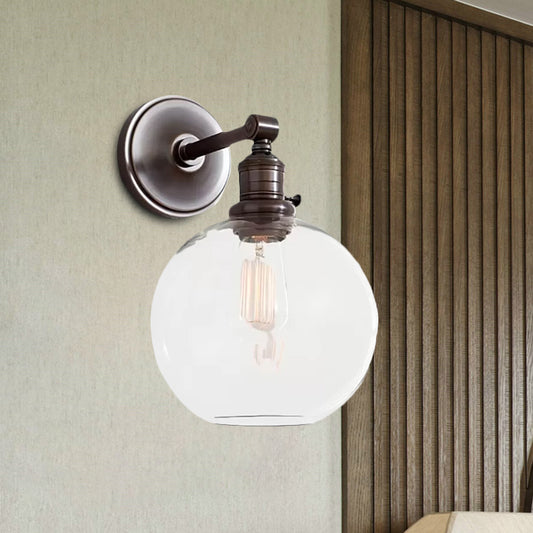 Clear Glass Chrome/Nickel Sconce Light Globe 1-Light Industrial Wall Lamp Fixture for Living Room Clearhalo 'Art deco wall lights' 'Cast Iron' 'Glass' 'Industrial wall lights' 'Industrial' 'Middle century wall lights' 'Modern' 'Rustic wall lights' 'Tiffany' 'Traditional wall lights' 'Wall Lamps & Sconces' 'Wall Lights' Lighting' 968981