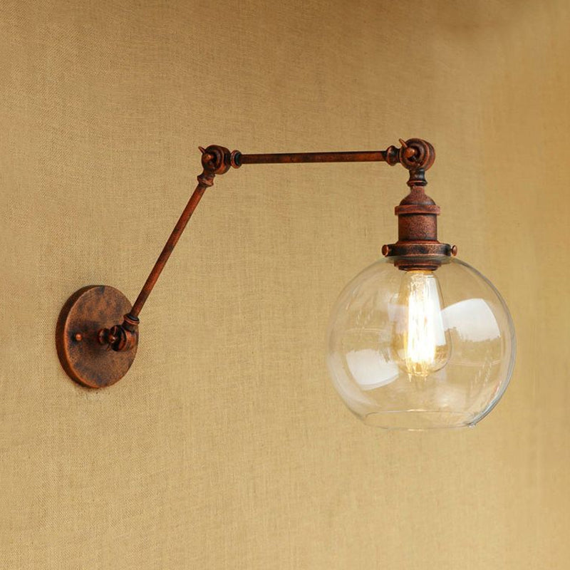 One Bulb Wall Light with Globe Shade Clear Glass Industrial Bedroom Sconce Lighting Fixture in Black/Antique Brass/Rust Clearhalo 'Cast Iron' 'Glass' 'Industrial wall lights' 'Industrial' 'Middle century wall lights' 'Modern' 'Tiffany' 'Traditional wall lights' 'Wall Lamps & Sconces' 'Wall Lights' Lighting' 968983
