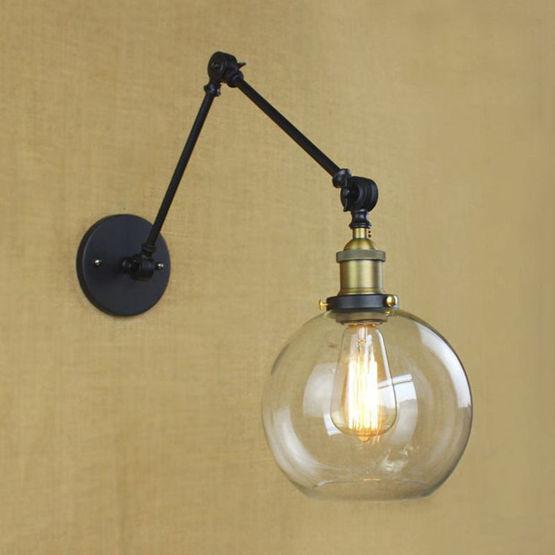 One Bulb Wall Light with Globe Shade Clear Glass Industrial Bedroom Sconce Lighting Fixture in Black/Antique Brass/Rust Clearhalo 'Cast Iron' 'Glass' 'Industrial wall lights' 'Industrial' 'Middle century wall lights' 'Modern' 'Tiffany' 'Traditional wall lights' 'Wall Lamps & Sconces' 'Wall Lights' Lighting' 968984