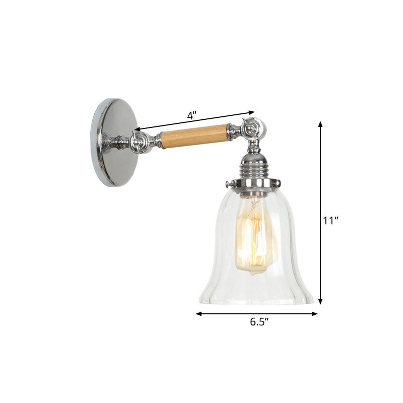 1 Light Clear Textured Glass Wall Sconce Light Vintage Chrome Bell Living Room Lighting Fixture, 8"/4"/6" Wide Wooden Arm Clearhalo 'Cast Iron' 'Glass' 'Industrial wall lights' 'Industrial' 'Middle century wall lights' 'Modern' 'Tiffany' 'Traditional wall lights' 'Wall Lamps & Sconces' 'Wall Lights' Lighting' 968995