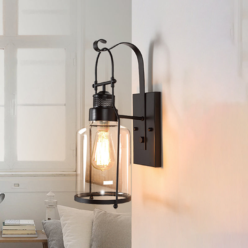 Cylinder Corridor Wall Light Fixture Industrial Clear Glass 1 Light Black Sconce Lamp with Cage Clearhalo 'Cast Iron' 'Glass' 'Industrial wall lights' 'Industrial' 'Middle century wall lights' 'Modern' 'Tiffany' 'Traditional wall lights' 'Wall Lamps & Sconces' 'Wall Lights' Lighting' 968999