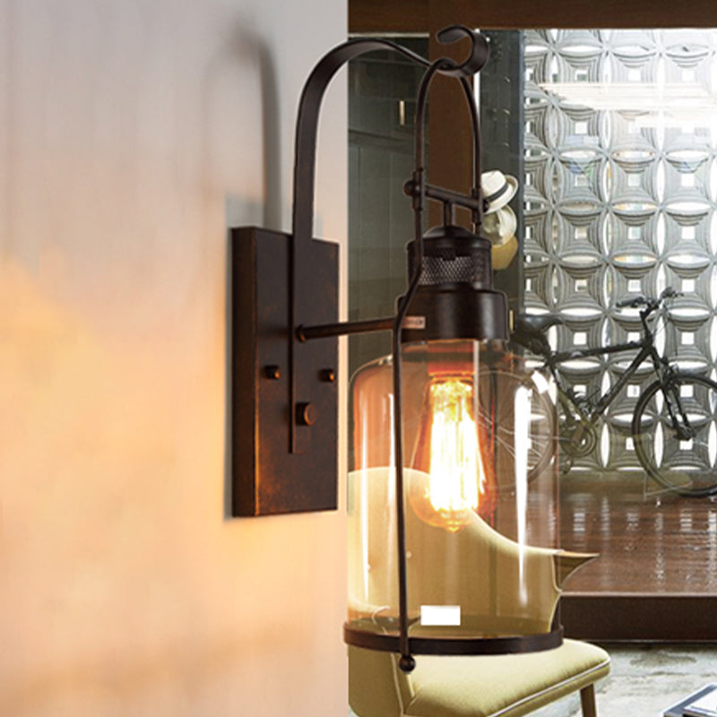 Cylinder Corridor Wall Light Fixture Industrial Clear Glass 1 Light Black Sconce Lamp with Cage Clearhalo 'Cast Iron' 'Glass' 'Industrial wall lights' 'Industrial' 'Middle century wall lights' 'Modern' 'Tiffany' 'Traditional wall lights' 'Wall Lamps & Sconces' 'Wall Lights' Lighting' 969000