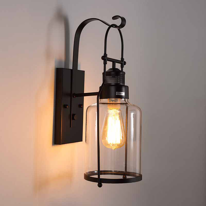Cylinder Corridor Wall Light Fixture Industrial Clear Glass 1 Light Black Sconce Lamp with Cage Clearhalo 'Cast Iron' 'Glass' 'Industrial wall lights' 'Industrial' 'Middle century wall lights' 'Modern' 'Tiffany' 'Traditional wall lights' 'Wall Lamps & Sconces' 'Wall Lights' Lighting' 969001