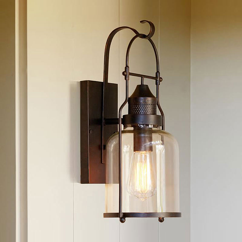 One Bulb Clear Glass Sconce Light Fixture Traditional Rust Cylinder Corridor Wall Lamp Clearhalo 'Cast Iron' 'Glass' 'Industrial wall lights' 'Industrial' 'Middle century wall lights' 'Modern' 'Tiffany' 'Traditional wall lights' 'Wall Lamps & Sconces' 'Wall Lights' Lighting' 969002