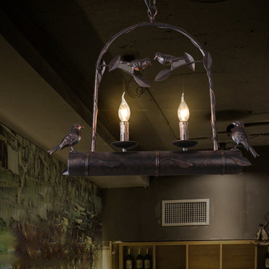 Lodge Birdcage Design Chandelier Lamp with Flameless Candle 2 Lights Wrought Iron Pendant Lighting in Dark Rust Clearhalo 'Cast Iron' 'Ceiling Lights' 'Chandeliers' 'Industrial Chandeliers' 'Industrial' 'Metal' 'Middle Century Chandeliers' 'Rustic Chandeliers' 'Tiffany' Lighting' 969007