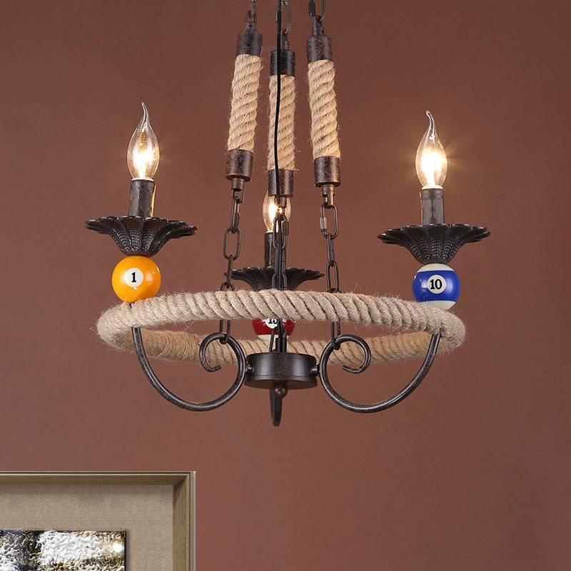 Roped Ring Bar Hanging Lamp Industrial Style Metal 3/6 Lights Rust Chandelier Lighting with Billiard Ball Decoration Clearhalo 'Cast Iron' 'Ceiling Lights' 'Chandeliers' 'Industrial Chandeliers' 'Industrial' 'Metal' 'Middle Century Chandeliers' 'Rustic Chandeliers' 'Tiffany' Lighting' 969008