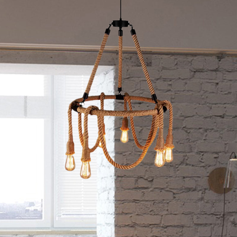 Adjustable Rope Chandelier Pendant Light with Bare Bulb Farmhouse Multi Light Bar Ceiling Fixture in Beige Clearhalo 'Ceiling Lights' 'Chandeliers' 'Industrial Chandeliers' 'Industrial' 'Middle Century Chandeliers' 'Tiffany' Lighting' 969011