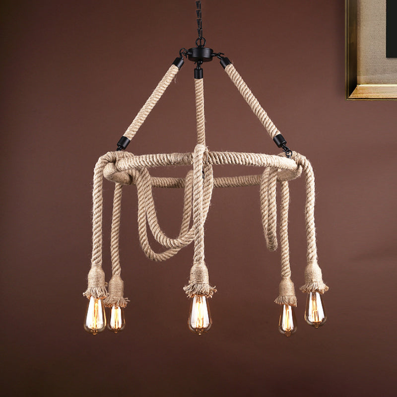 Adjustable Rope Chandelier Pendant Light with Bare Bulb Farmhouse Multi Light Bar Ceiling Fixture in Beige Clearhalo 'Ceiling Lights' 'Chandeliers' 'Industrial Chandeliers' 'Industrial' 'Middle Century Chandeliers' 'Tiffany' Lighting' 969012