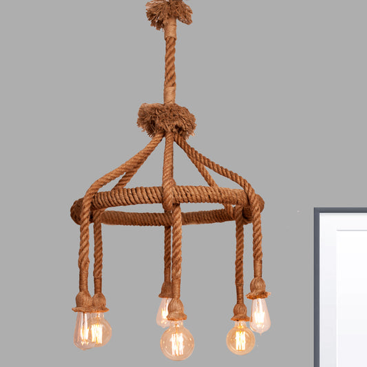 Adjustable Rope Chandelier Pendant Light with Bare Bulb Farmhouse Multi Light Bar Ceiling Fixture in Beige Clearhalo 'Ceiling Lights' 'Chandeliers' 'Industrial Chandeliers' 'Industrial' 'Middle Century Chandeliers' 'Tiffany' Lighting' 969013