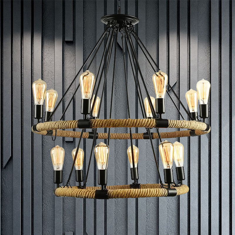 Roped Ring Chandelier Light Fixture Lodge Style 6/8 Heads Kitchen Pendant Lighting with Adjustable Chain in Black Clearhalo 'Ceiling Lights' 'Chandeliers' 'Industrial Chandeliers' 'Industrial' 'Middle Century Chandeliers' 'Tiffany' Lighting' 969014