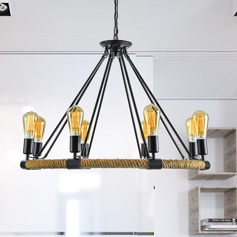 Roped Ring Chandelier Light Fixture Lodge Style 6/8 Heads Kitchen Pendant Lighting with Adjustable Chain in Black Clearhalo 'Ceiling Lights' 'Chandeliers' 'Industrial Chandeliers' 'Industrial' 'Middle Century Chandeliers' 'Tiffany' Lighting' 969015