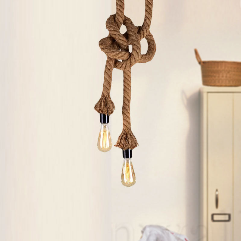 Light Brown 2 Heads Ceiling Pendant Light Vintage Style Rope Open Bulb Hanging Lighting for Bar Clearhalo 'Ceiling Lights' 'Industrial Pendants' 'Industrial' 'Middle Century Pendants' 'Pendant Lights' 'Pendants' 'Tiffany' Lighting' 969017