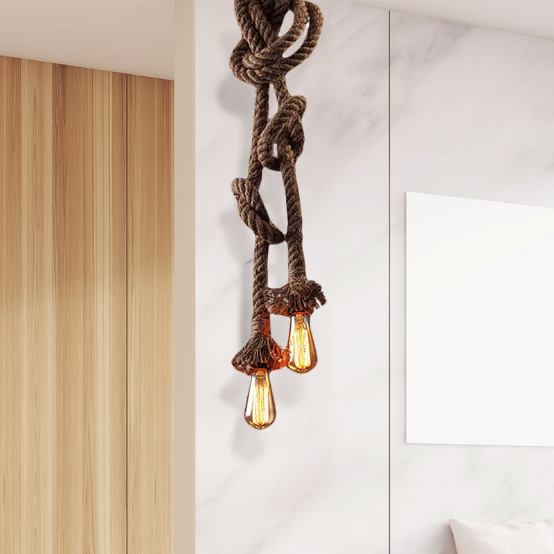 Light Brown 2 Heads Ceiling Pendant Light Vintage Style Rope Open Bulb Hanging Lighting for Bar Clearhalo 'Ceiling Lights' 'Industrial Pendants' 'Industrial' 'Middle Century Pendants' 'Pendant Lights' 'Pendants' 'Tiffany' Lighting' 969018