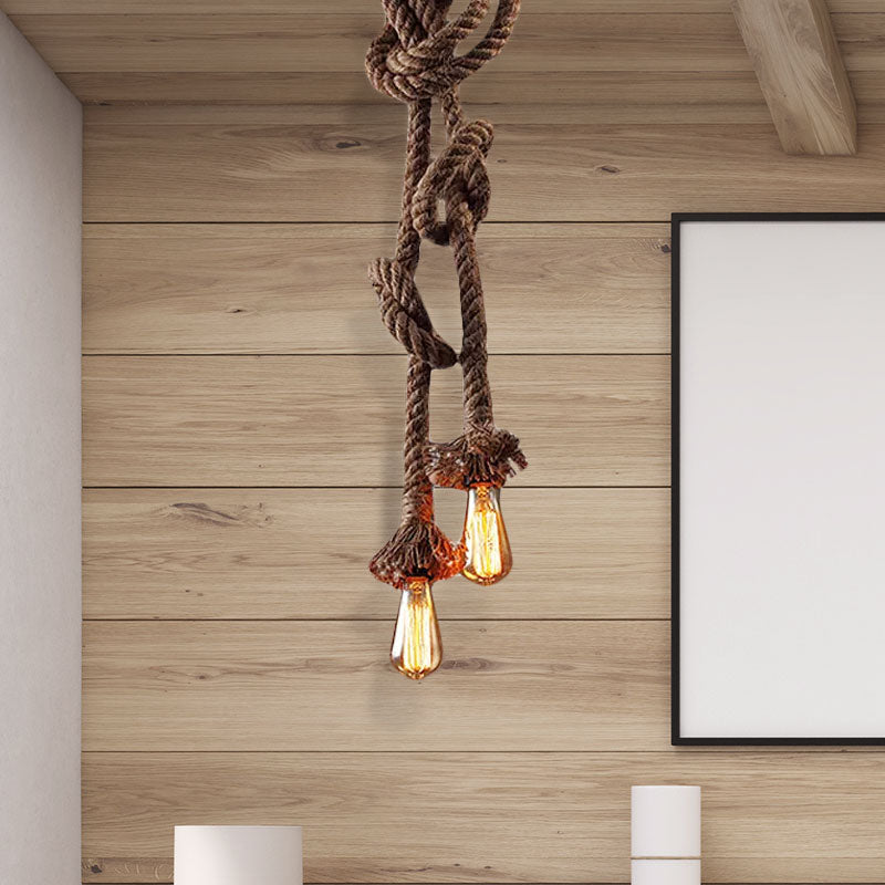 Light Brown 2 Heads Ceiling Pendant Light Vintage Style Rope Open Bulb Hanging Lighting for Bar Clearhalo 'Ceiling Lights' 'Industrial Pendants' 'Industrial' 'Middle Century Pendants' 'Pendant Lights' 'Pendants' 'Tiffany' Lighting' 969019