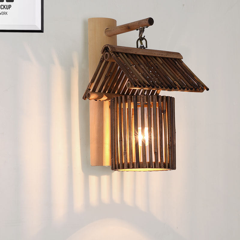 1 Bulb Bedroom Wall Light with House Bamboo Shade Lodge Stylish Beige Wall Sconce Lighting Clearhalo 'Wall Lamps & Sconces' 'Wall Lights' Lighting' 969088