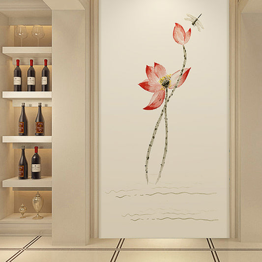 Lotus and Dragonfly Mural Wallpaper in Pink and White, Asia Inspired Wall Decor for Living Room