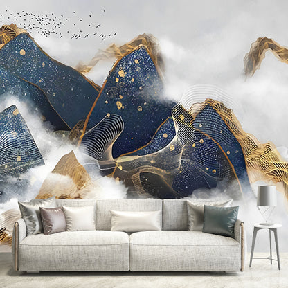 Waterproofing Mountain and Bird Mural Wallpaper Oriental Wall Covering for Guest Room Yellow-Blue Clearhalo 'Wall Decor' 'Wall Mural' 969236