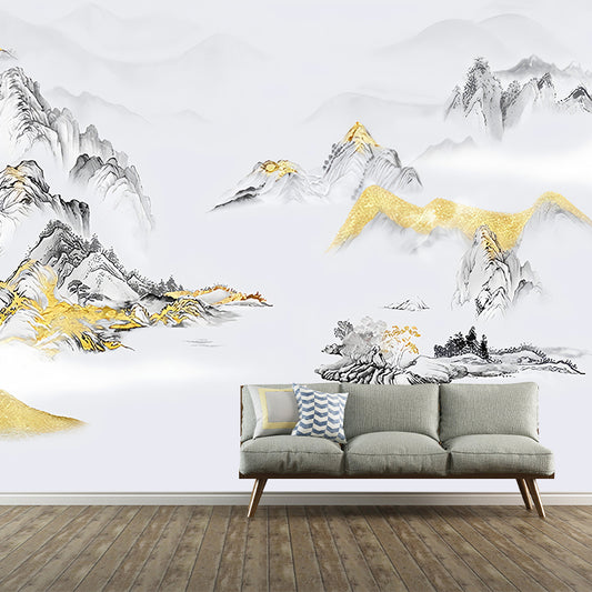 Large Asia Inspired Wall Art Grey and Gold Mountain Wall Mural, Custom Size Available Clearhalo 'Wall Decor' 'Wall Mural' 969283