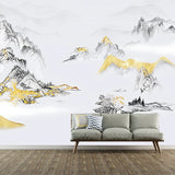 Large Asia Inspired Wall Art Grey and Gold Mountain Wall Mural, Custom Size Available Clearhalo 'Wall Decor' 'Wall Mural' 969283