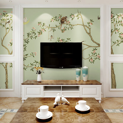 Green Tree and Monkey Mural Wallpaper Water-Resistant Wall Covering for Living Room Light Green Clearhalo 'Wall Decor' 'Wall Mural' 969361