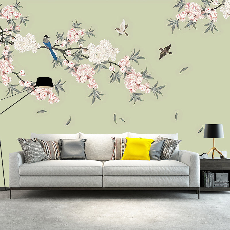 Full Leaf and Blossom Mural in Pink and Green Non-Woven Decorative Wall Covering, Custom-Printed Light Green Clearhalo 'Wall Decor' 'Wall Mural' 969381