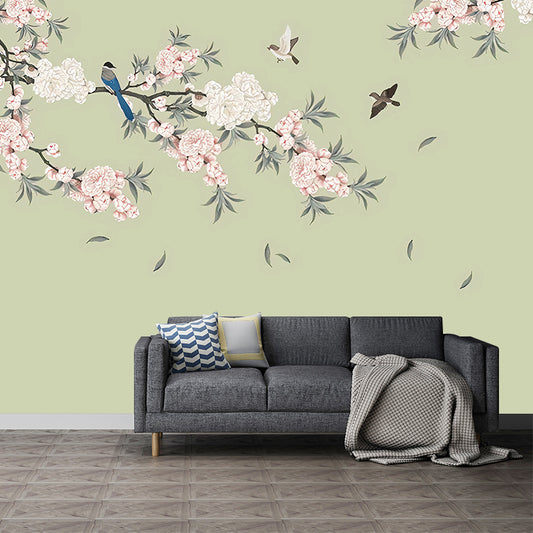 Full Leaf and Blossom Mural in Pink and Green Non-Woven Decorative Wall Covering, Custom-Printed