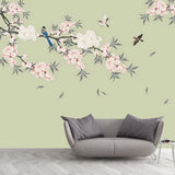 Full Leaf and Blossom Mural in Pink and Green Non-Woven Decorative Wall Covering, Custom-Printed