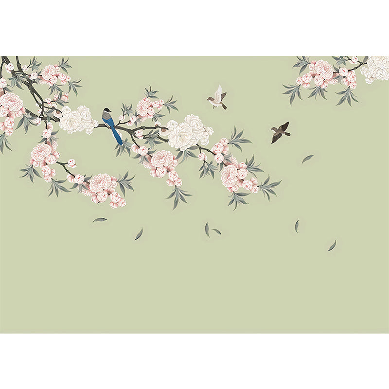 Full Leaf and Blossom Mural in Pink and Green Non-Woven Decorative Wall Covering, Custom-Printed Clearhalo 'Wall Decor' 'Wall Mural' 969384