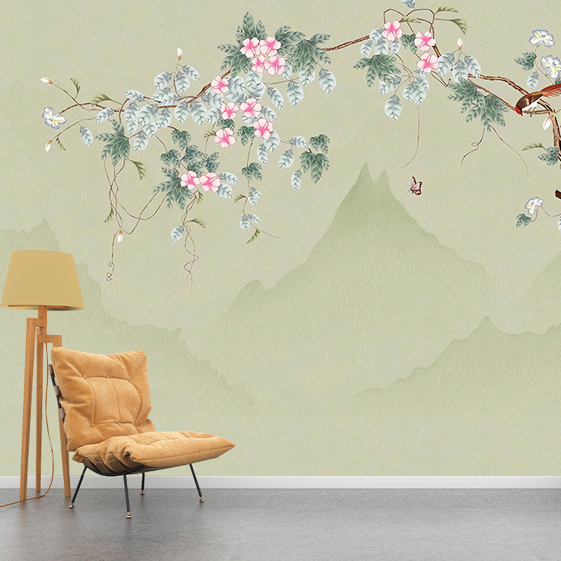 Green and Pink Blossom Mural Wallpaper Water-Resistant Wall Covering for Living Room Green Clearhalo 'Wall Decor' 'Wall Mural' 969386