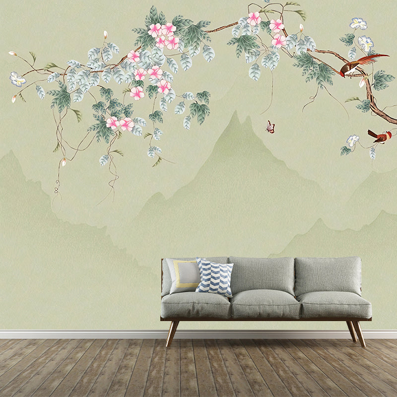 Green and Pink Blossom Mural Wallpaper Water-Resistant Wall Covering for Living Room Clearhalo 'Wall Decor' 'Wall Mural' 969387