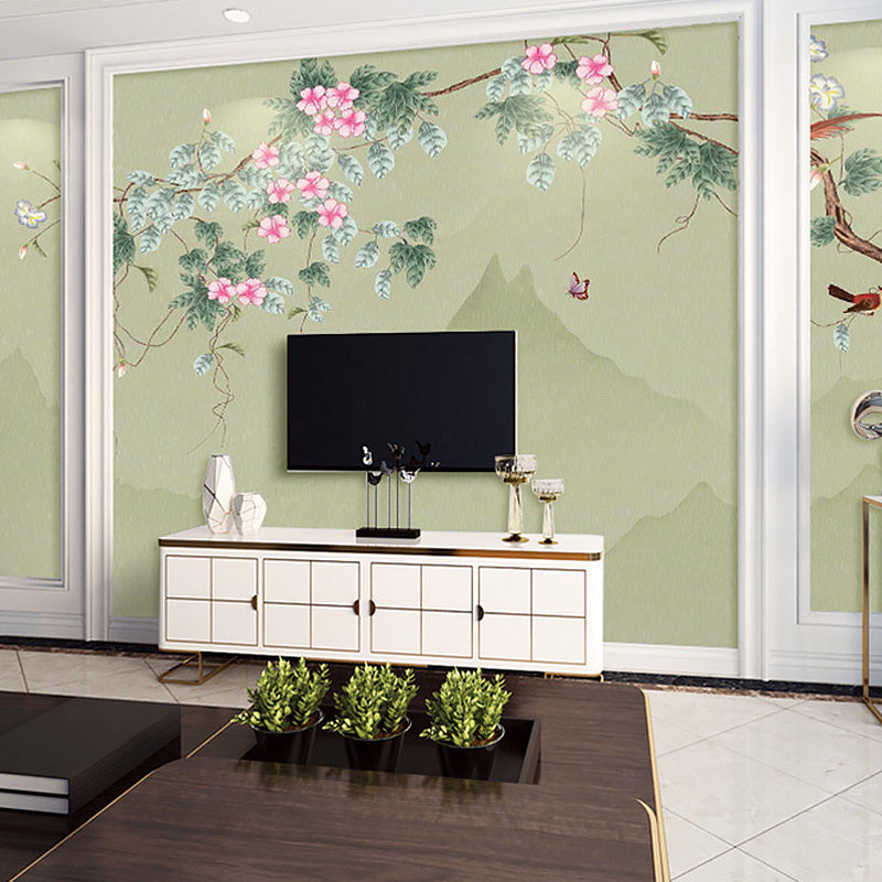 Green and Pink Blossom Mural Wallpaper Water-Resistant Wall Covering for Living Room Clearhalo 'Wall Decor' 'Wall Mural' 969388