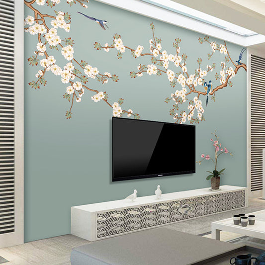 Vintage Blossoming Flower Mural for Accent Wall, Custom-Made Wall Covering in Green and Pink