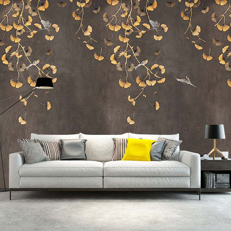 Ginkgo Mural Wallpaper In Gold And Brown Traditional Wall Covering For ginkgo-mural-wallpaper-in-gold-and-brown-traditional-wall-covering-for