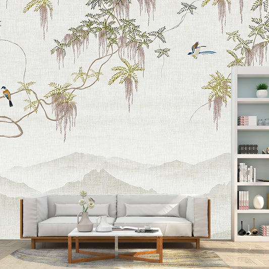Decorative Wisteria and Bird Mural Full Size Traditional Wall Art for Coffee Shop Clearhalo 'Wall Decor' 'Wall Mural' 969417