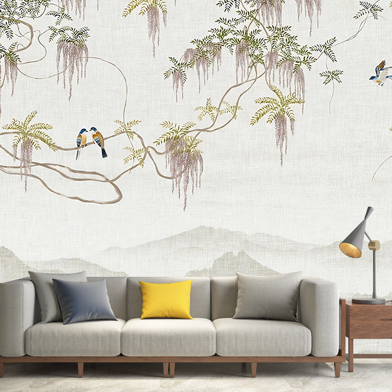 Decorative Wisteria and Bird Mural Full Size Traditional Wall Art for Coffee Shop Clearhalo 'Wall Decor' 'Wall Mural' 969418