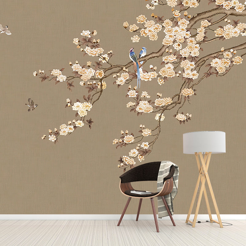 Brown and Pink Blossoms Mural Wallpaper Decorative Wall Art for Coffee Shop and Living Room Clearhalo 'Wall Decor' 'Wall Mural' 969427